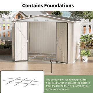 10x8 FT White Aluminum Garden Shed with Foundation, Outdoor Storage Shed with Hinge Door for Backyard
