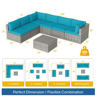 7-Piece All-Weather Gray Wicker Couch Patio Set with Removable Light Blue Cushions and Glass Coffee Table for Patio, Poolside & Backyard