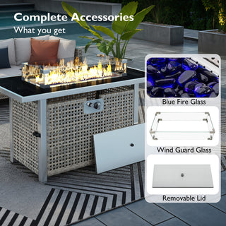 43" Propane Gas Fire Pit Table, 60000 BTU Rectangular Open Weave Wicker Fire Pit with Glass Wind Guard for Outside Patio Deck Garden Backyard