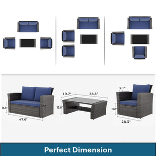4-Piece Wicker Patio Conversation Set With Glass Table and Blue/Black/Gray Cushions