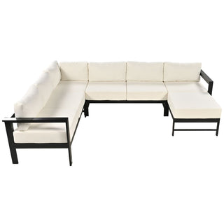 U-Shaped All Weather Patio Sectional Sofa Set, 5-6 Seater Outdoor Conversation Couch with 5.9" Thick Cushions & Heavy Duty Iron Frame for Garden Backyard Poolside