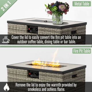32" Propane Gas Fire Pit Table with Propane Tank Cover 2-Pieces, 50000 BTU Rectangular Steel Fire Pit with Beautiful Wicker Base for Outside Garden-Beige/Dark Gray