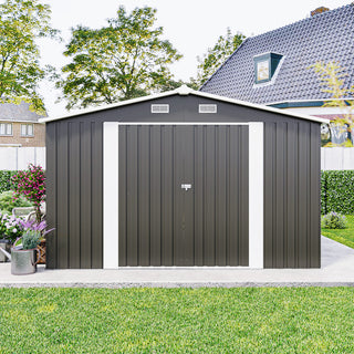 10x14 Ft Outdoor Metal Storage Shed with 3 Lockable Doors, 4 Air Vents & Sloped Roof, Heavy-Duty Garden Tool Shed for Backyard, Patio & Lawn