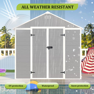 8X8 FT resin storage shed, high quality pp material, strong structure, waterproof, rust and UV proof, large storage space, 12mm thick pp board, HD window lighting