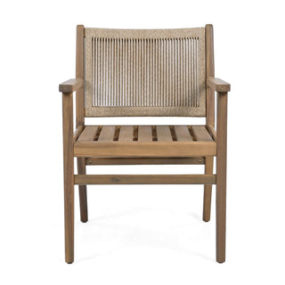 Outdoor Dining Chairs Set of 2, Acacia Wood Patio Armchair with Rope Design Back and Water Repellent Cushion