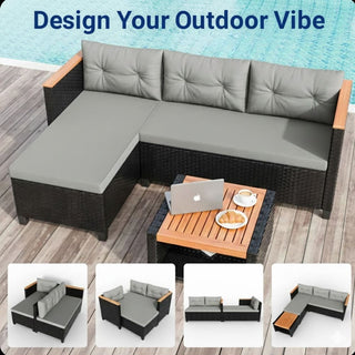 3-Piece L-Shaped Wicker Patio Set with Beige/Gray Cushions and Acacia Wood Storage Table