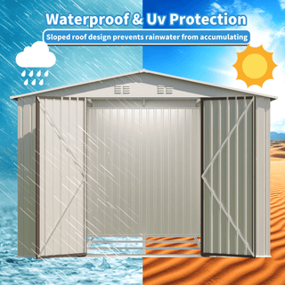 10x8 FT White Aluminum Garden Shed with Foundation, Outdoor Storage Shed with Hinge Door for Backyard