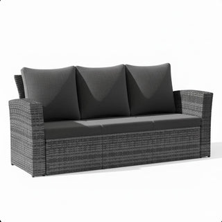 67.7" All-Weather Wicker 3-Seat Patio Sofa with Thick Blue/Biege/Gray/Black Cushions & Black Frame
