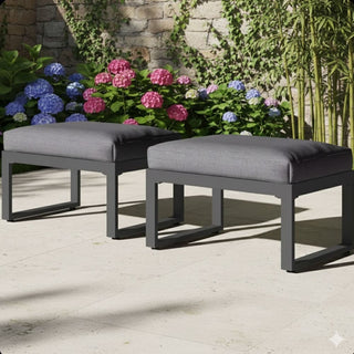 Set of 2 26" All-Weather Aluminum Patio Ottomans Footrests with Thick Gray Cushions