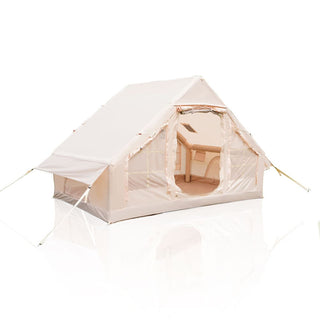 Inflatable Camping Tent with Hand Pump, 4-Season Waterproof & Windproof Air Glamping Cabin Tent with Mesh Windows and Chimney Vent