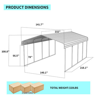 Metal Carport Heavy Duty with Galvanized Steel Roof, Outdoor Garage Car Shelter Shade for 2 Cars, Boats and Truck