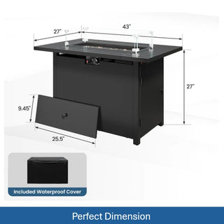 43”Width Outdoor 2-in1 Black Gas Fire Pit Table with Lid & Glass Shield, 50000 BTU CSA Certified Propane Gas Fire Pit, Rectangular Fire Table w/Stainless Burner, Lava Rock, Waterproof Cover