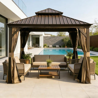 Hardtop Gazebo with Galvanized Steel Double Roof, Metal Gazebos with Drainage System Patio Pergola for Patio Deck Backyard,Curtain and Netting