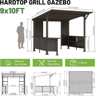 9x10FT Grill Gazebo Hardtop, Metal BBQ Gazebo with Storage Shelves and Expansion Platform, Heavy Duty Grill Canopy with Sloped Roof for Patio