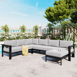 U-Shaped All Weather Patio Sectional Sofa Set, 5-6 Seater Outdoor Conversation Couch with 5.9" Thick Cushions & Heavy Duty Iron Frame for Garden Backyard Poolside