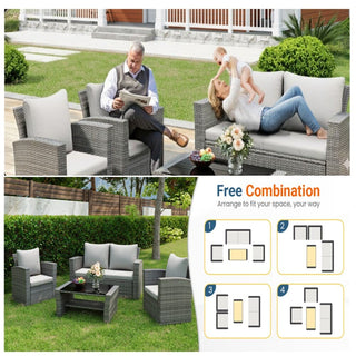4-Piece Wicker Patio Conversation Set With Glass Table and Blue/Black/Gray Cushions