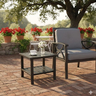 19" Square Black/Brown Metal Outdoor Side Table, 2-Tier All-Weather Patio End Table