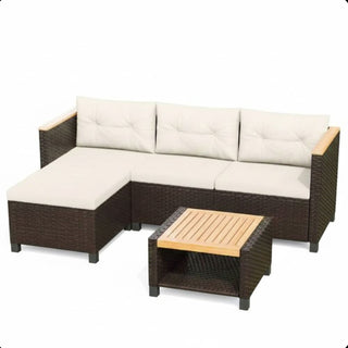 3-Piece L-Shaped Wicker Patio Set with Beige/Gray Cushions and Acacia Wood Storage Table