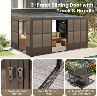 Wall-Mounted Sunroom Lean-To Solarium with Galvanized Steel Roof, Lockable Sliding Door & Detachable PVC Screen for Patio Deck