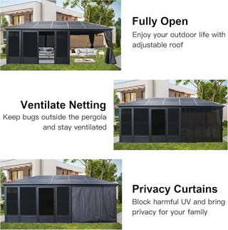 11x21FT Outdoor Sunroom, All Season Solarium Gazebo with Galvanized Steel Roof, Detachable PE Screen, 2 Lockable Sliding Door, Hardtop Gazebo with Netting and Curtains for Patio Deck Garden