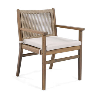 Outdoor Dining Chairs Set of 2, Acacia Wood Patio Armchair with Rope Design Back and Water Repellent Cushion