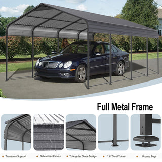 Heavy-Duty Metal Garage Canopy with Galvanized Steel Roof & Frame, Outdoor Carport Storage Shed for Cars, Boats & Trucks – Gray