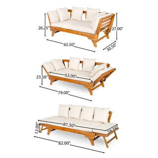Outdoor Patio Daybed Sofa, 3-Seat Sofa with Foldable Arm 4 Back Pillows, Teak Acacia Wood Frame Beige Removable Cushion