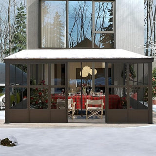 Wall-Mounted Sunroom Lean-To Solarium with Galvanized Steel Roof, Lockable Sliding Door & Detachable PVC Screen for Patio Deck