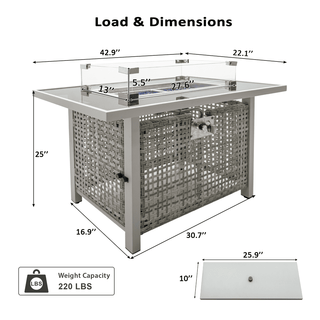 43" Propane Gas Fire Pit Table, 60000 BTU Rectangular Open Weave Wicker Fire Pit with Glass Wind Guard for Outside Patio Deck Garden Backyard