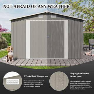 Outdoor Storage Shed 10×14 FT with 3 Lockable Doors,4 Air Vents & Sloped Roof,Utility Tool Shed Metal Storage Garden Sheds Frame and 4 Vents,for Backyard,Patio,Lawn,Light Gre