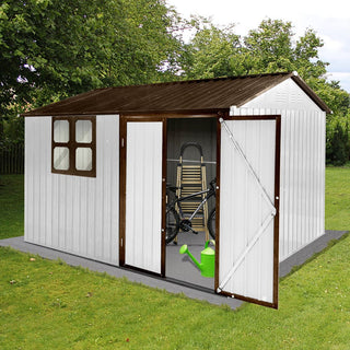 Mondawe 10ft x 8ft Metal Garden Storage Shed with Window, White+Yellow/White+Coffee Outdoor Tool Shed for Backyard
