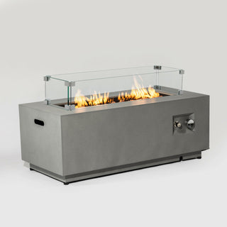 42" Propane Gas Fire Pit Table 2-Pieces, 50000 BTU Rectangular Steel Fire Pit with Glass Wind Guard for Outside Patio Deck Garden Courtyard -Light Gray