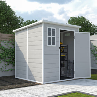 6x6 Ft Waterproof Resin Storage Shed with Floor, Window, Lockable Doors & Air Vents, Outdoor Tool Shed for Bikes