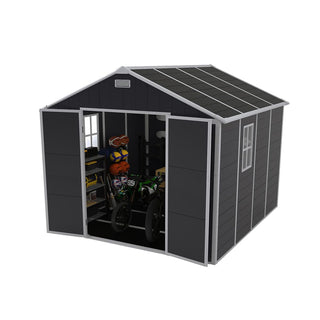 8X8 FT resin storage shed, high quality pp material with Lockable Door, strong structure, waterproof, rust and UV proof, large storage space, 12mm thick pp board, HD window lighting
