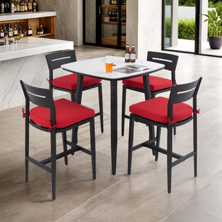 5-Piece Outdoor Patio Bar Set – 35.4" Marble-Style Sintered Stone Table & Aluminum Bar Stools with Sunbrella® Cushions