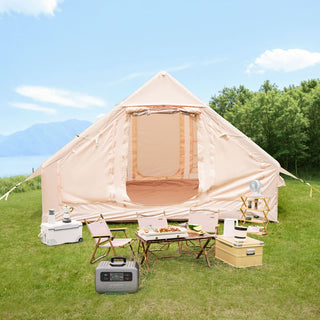 Inflatable Camping Tent with Hand Pump, 4-Season Waterproof & Windproof Air Glamping Cabin Tent with Mesh Windows and Chimney Vent