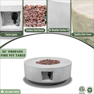 30" Propane Gas Fire Pit Table, 50000 BTU Round Concrete Fire Pit for Outside Patio Deck Garden Backyard- Light Gray