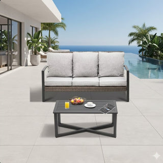 2-Piece Wicker Patio Conversation Set with Beige/Gray Cushions & Coffee Table