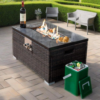 32" Propane Gas Fire Pit Table, 50000 BTU Rectangular Fire Pit, Tile Tabletop with Beautiful Wicker Base for Outside Patio Deck Garden Courtyard-Brown