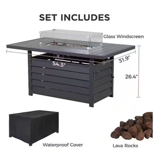 54.3 Inches Outdoor Patio White/Dark Grey/Black Aluminum Fire Pit Table, 50000 BTU CSA Certified Propane Gas Fire Pit, Rectangular Fire Table w/Stainless Burner, Lava Rock, Waterproof Cover