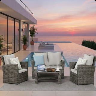 4-Piece Wicker Patio Conversation Set With Glass Table and Blue/Black/Gray Cushions