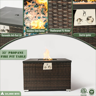 Outdoor Gas Fire Pit Square Dark Brown Wicker Fire Pit Table Propane Fire Table with Glass Rocks