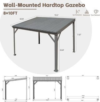 Wall-Mounted Hardtop Lean-to Gazebo with Gutters – Galvanized Steel Roof Outdoor Pergola Canopy