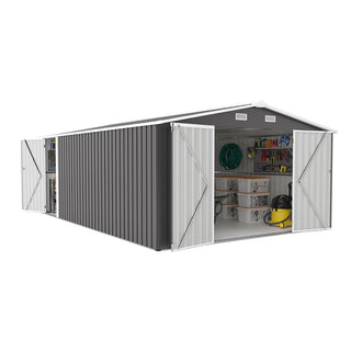 10x14 Ft Outdoor Metal Storage Shed with 3 Lockable Doors, 4 Air Vents & Sloped Roof, Heavy-Duty Garden Tool Shed for Backyard, Patio & Lawn