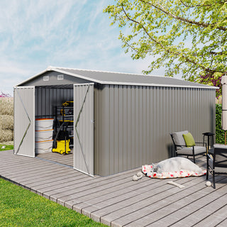 10x14 Ft Outdoor Metal Storage Shed with 3 Lockable Doors, 4 Air Vents & Sloped Roof, Heavy-Duty Utility Garden Tool Shed with Reinforced Frame