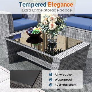 4-Piece Wicker Patio Conversation Set With Glass Table and Blue/Black/Gray Cushions