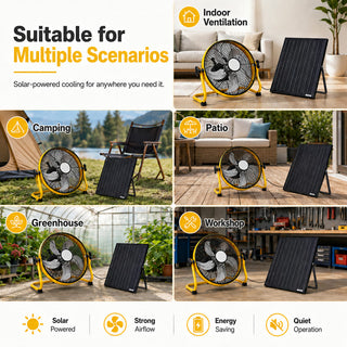 12-Inch Solar Floor Fan, 30W Adjustable Monocrystalline Panel, 1500mAh Rechargeable Battery, 3-Speed Remote & Dual Power – Yellow