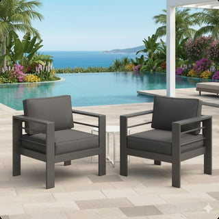 Set of 2 28" All-Weather Metal Patio Armchairs with Thick Gray Cushions & Gray Frame