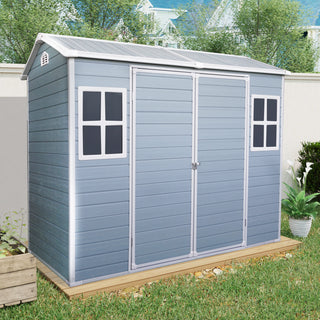 Outdoor Storage Shed with Two-Window and Double-Door, Plastic Shed with Floor for Gargen,Patio,Yard,Lawn,Black/Grey