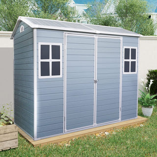 Outdoor Storage Shed with Two-Window and Double-Door, Plastic Shed with Floor for Gargen,Patio,Yard,Lawn,Black/Grey